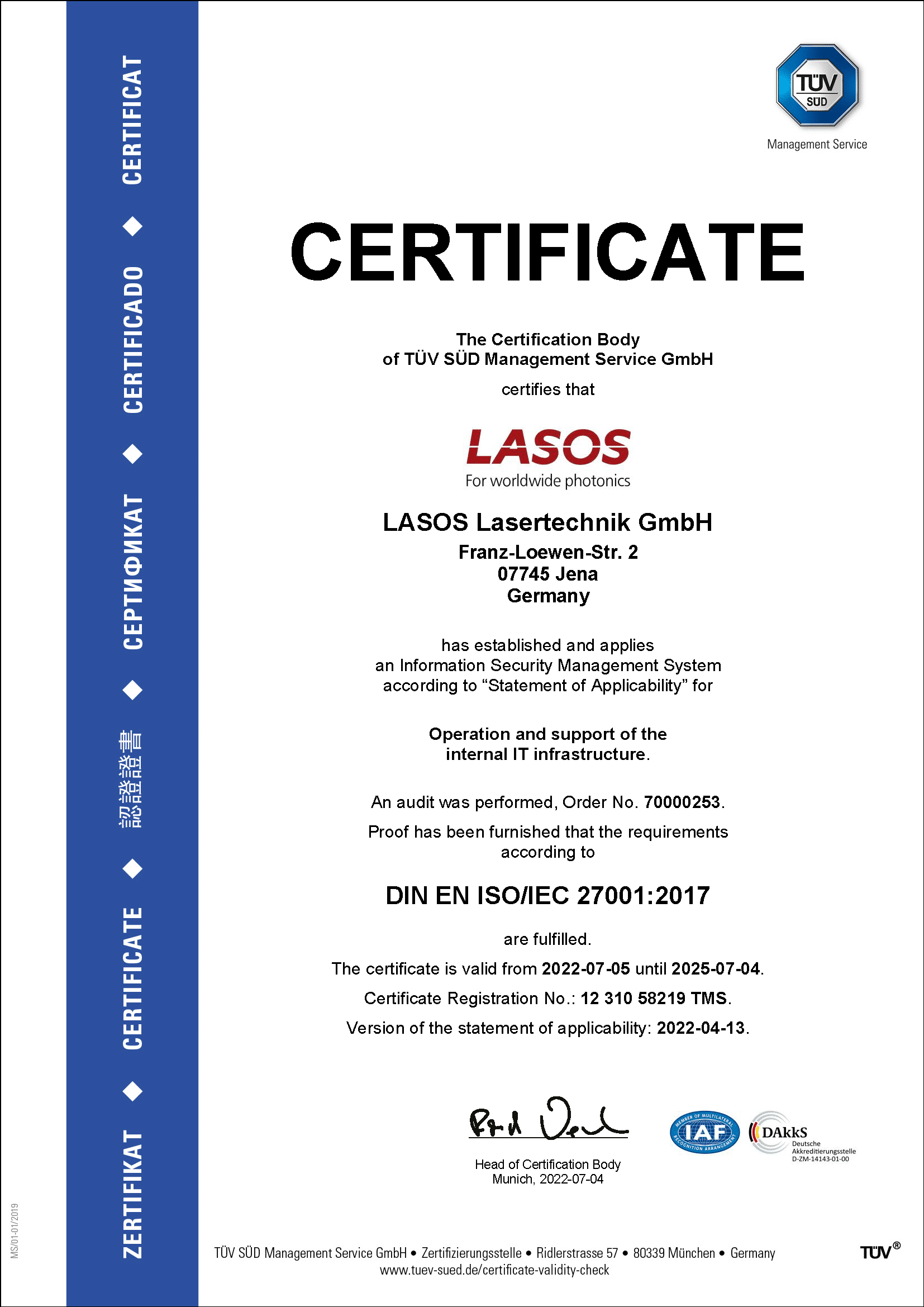 Iso 27001 2017 Zertifikat En Gueltig Bis 04.07.2025